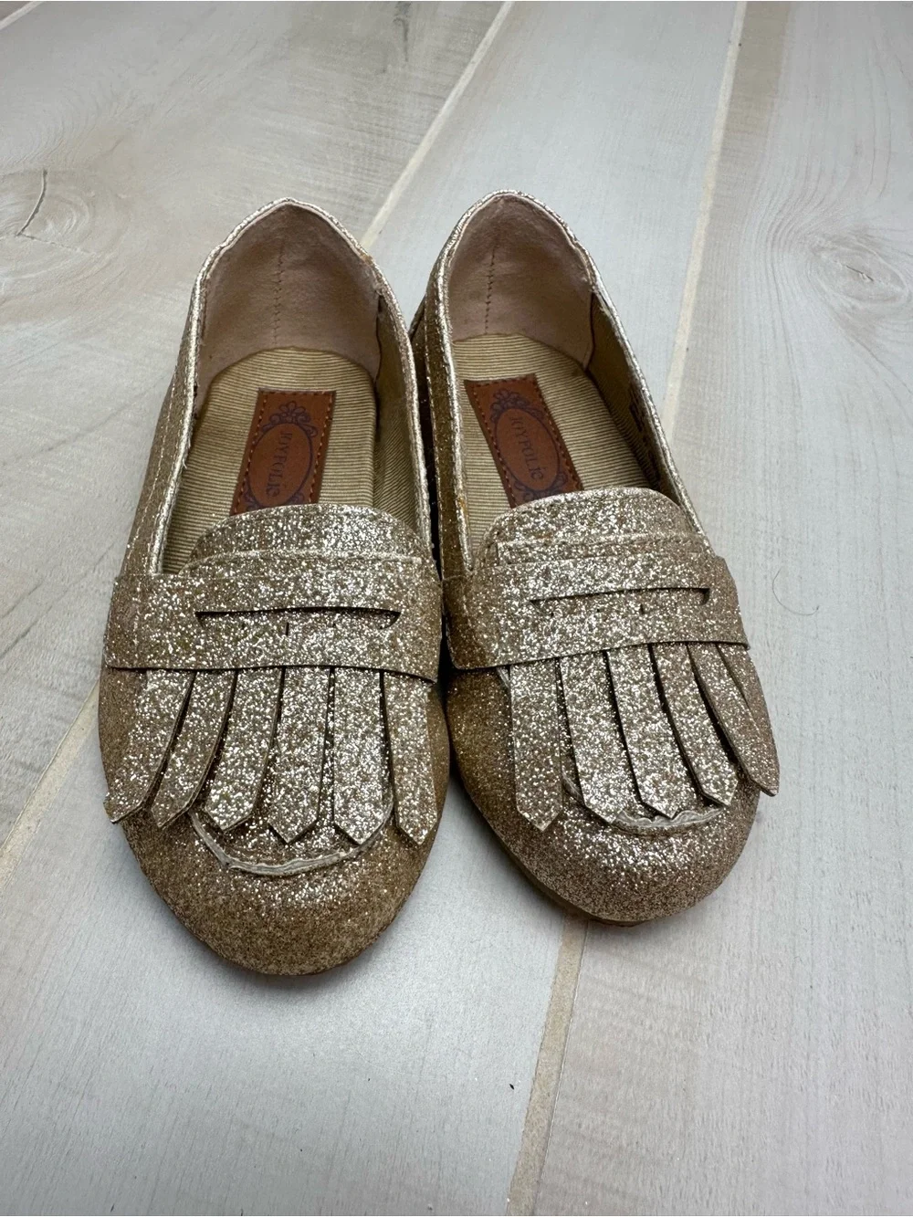 Joyfolie Gold Glitter Fringe Loafers - toddler